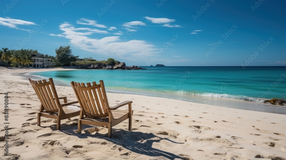 An idyllic tropical beach view with two inviting chairs on white sand overlooking calm turquoise water under a blue sky An idyllic tropical beach view with two inviting chairs on white sand overlooking calm turquoise water under a blue sky