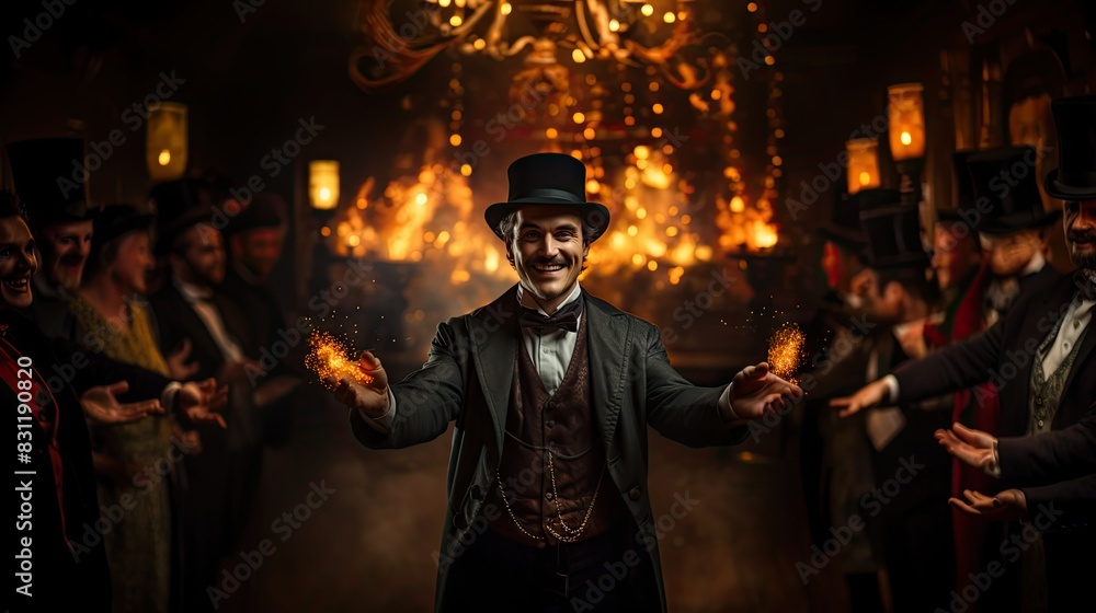 A theatrical magician creating sparks in his hands during a party, captivating the audience with his showmanship A theatrical magician creating sparks in his hands during a party, captivating the audience with his showmanship