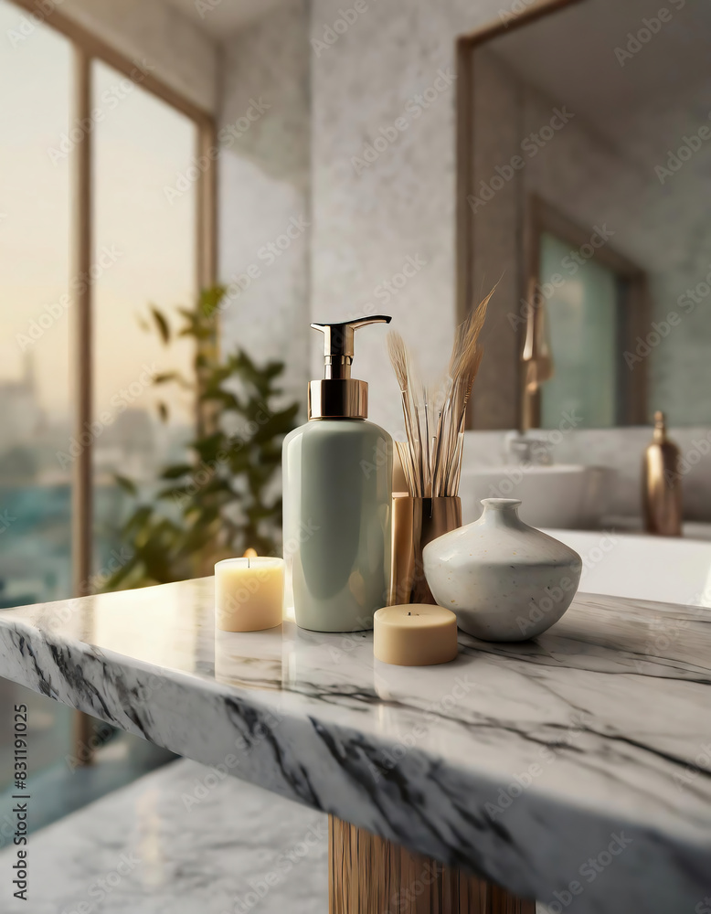 Bathroom interior with bathtub, soap dispenser, candle and flowers in vase on countertop. Bathroom interior with bathtub, soap dispenser, candle and flowers in vase on countertop.