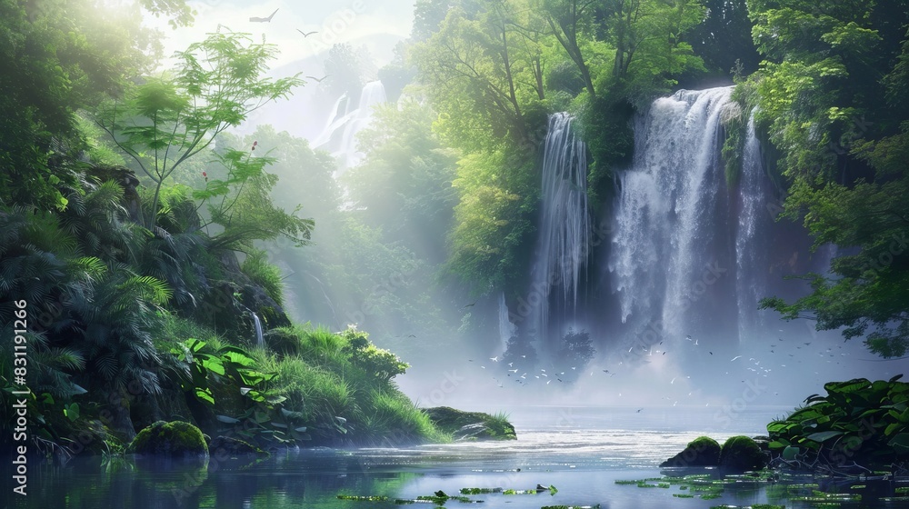 Wide shot of a lush forest with a majestic waterfall cascading into a serene cave, harmonious blend of natural elements, sense of wonder and tranquility. Wide shot of a lush forest with a majestic waterfall cascading into a serene cave, harmonious blend of natural elements, sense of wonder and tranquility.