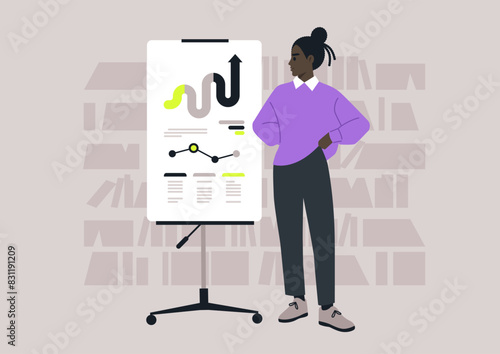 A confident professional stands next to a flip chart showcasing business growth metrics while in a modern library, indicating a successful presentation or meeting in progress