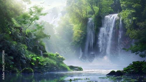 Wide shot of a lush forest with a majestic waterfall cascading into a serene cave  harmonious blend of natural elements  sense of wonder and tranquility.
