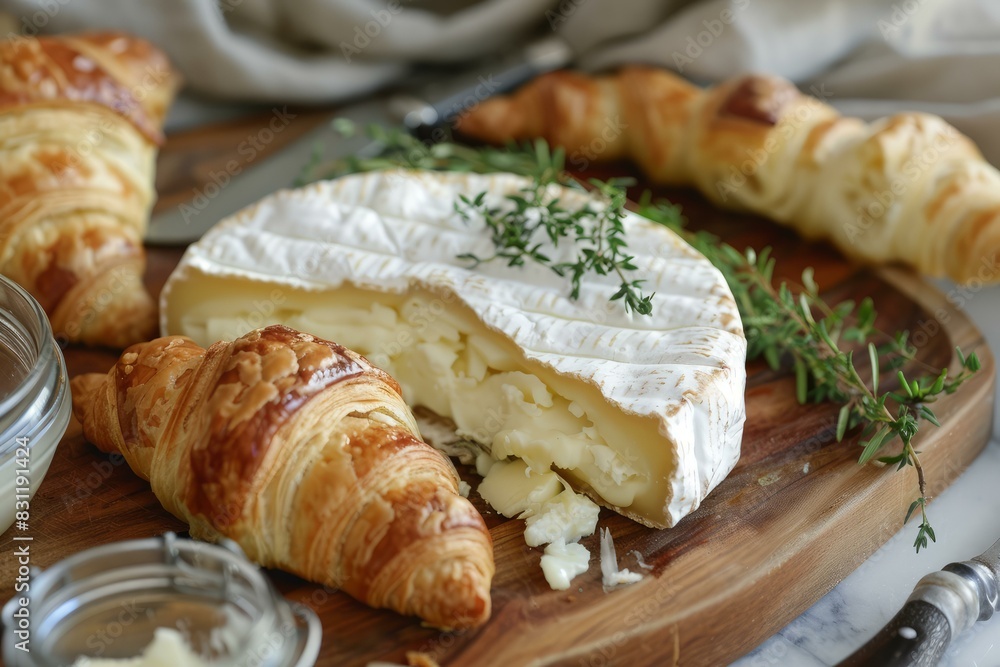 Creamy brie cheese with fresh croissants and thyme on a rustic wooden board Creamy brie cheese with fresh croissants and thyme on a rustic wooden board