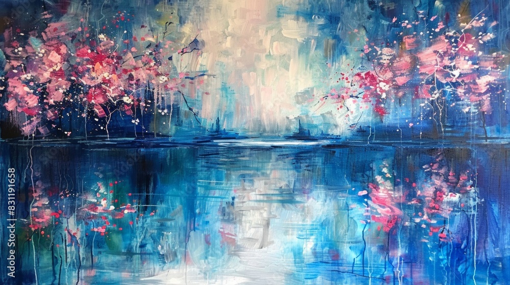 Serene abstract landscape with vibrant blossoms and water reflections
