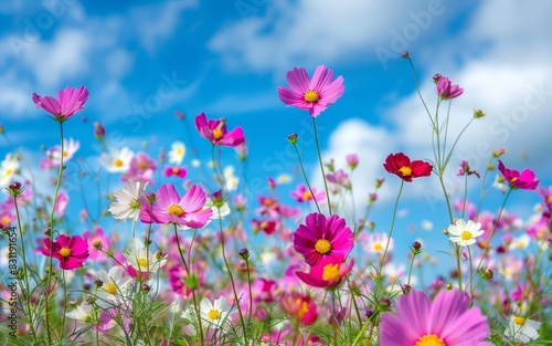 A field of blooming wildflowers under a bright blue sky  teeming with vibrant colors. This idyllic setting is perfect for placing text about growth  renewal  and the beauty of life s journey.