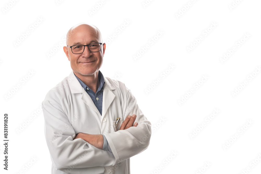 Smiling Middle-Aged Caucasian Doctor with Glasses in a White Coat Smiling Middle-Aged Caucasian Doctor with Glasses in a White Coat
