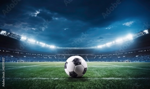 Soccer ball on the field of stadium with spotlight and dark sky background  sport competition concept. wide angle lens realistic daylight