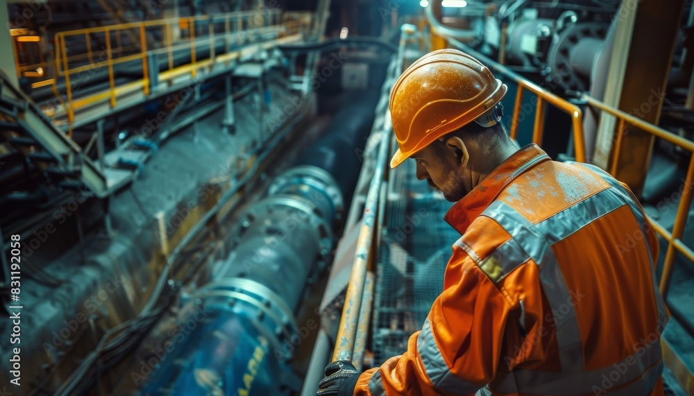 worker wearing orange uniform and safety helmet at work place mineral ...