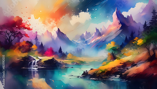 Colorful Mountain range watercolor illustration painting background.