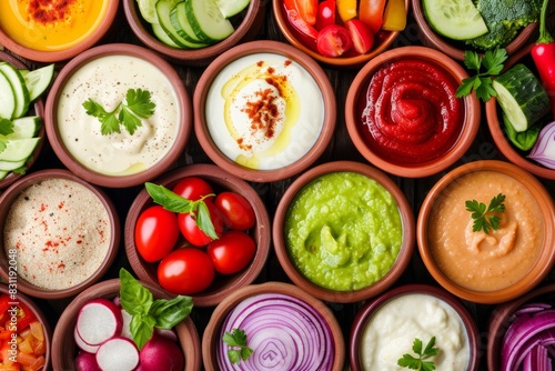 Colorful assortment of sauces and fresh vegetable ingredients photo