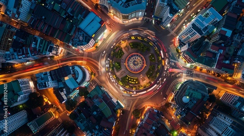 Aerial view Road roundabout with car lots Wongwian Yai in Bangkok,Thailand.street large beautiful downtown at night.cityscape.Top view photo