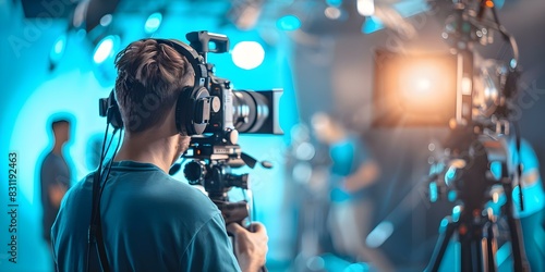 Film crew working together in a studio creating a TV commercial or movie behind the scenes. Concept Film Production, Studio Setting, TV Commercial, Movie Making, Behind the Scenes photo