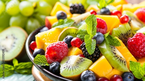 Fresh summer fruit salad with vibrant berries and mint leaves