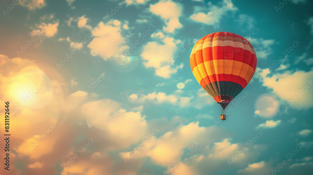 Naklejka premium Colorful hot air balloon soaring at sunset. Vibrant hot air balloon floating in a beautiful sunset sky, perfect for travel and adventure themes.
