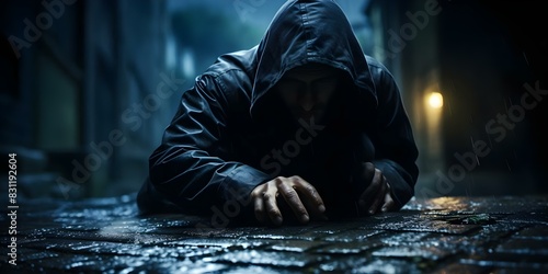 A hooded thief lurks in the dark city streets at night. Concept Mystery, Night, Urban, Crime, Suspense photo