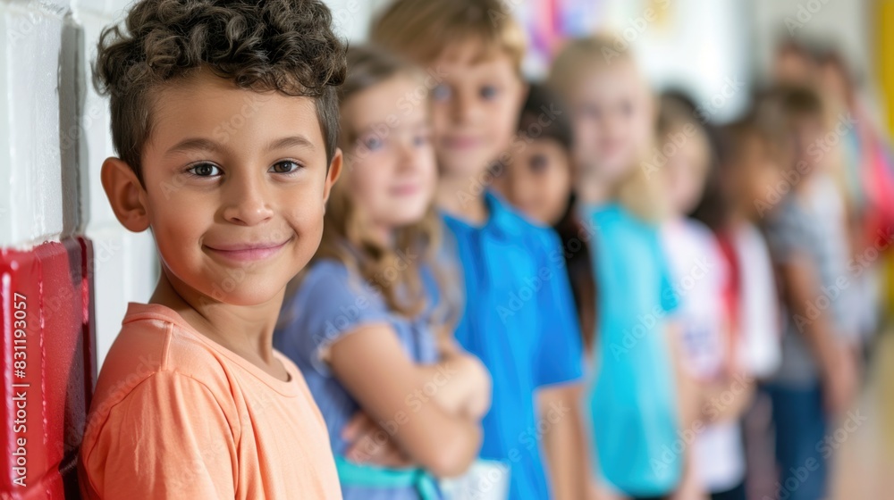 Children In Line. Queue of Playful Kids in Casual Attire at Indoor Gathering Children In Line. Queue of Playful Kids in Casual Attire at Indoor Gathering