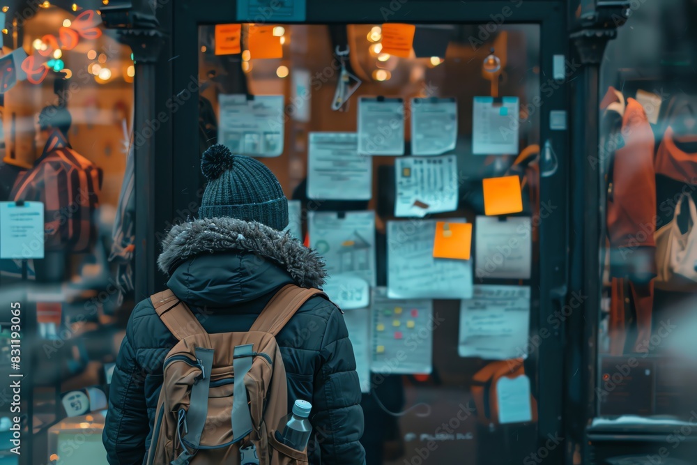 A person looked at job boards on the window of a stationery store, with an illustration in the style of a realistic style. Paper notes and post-its.