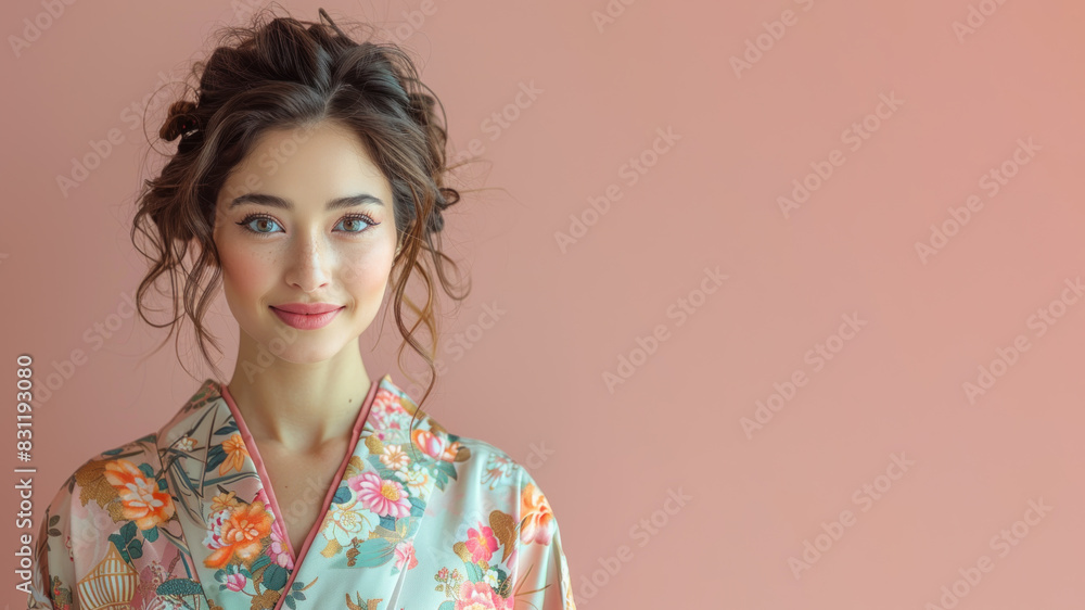 Arabian woman in japanese kimono traditional suit isolated on pastel Arabian woman in japanese kimono traditional suit isolated on pastel