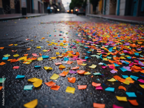 Brightly colored confetti strewn across the street, adding a playful touch to the urban landscape.
