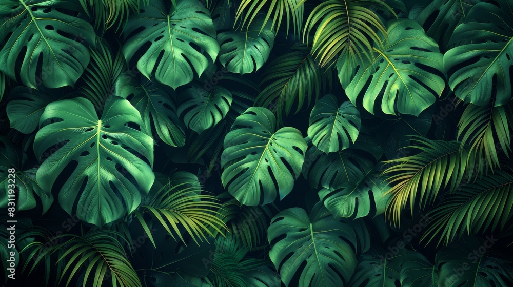 An abstract botanical background of tropical leaves, branches, and leaves. Perfect for banners, prints, decor, wall art, and decorations.