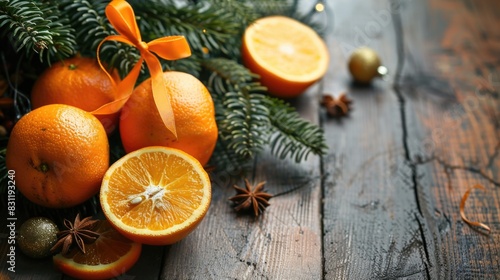 Oranges Christmas. Festive Composition with Oranges, Fir Tree, Anise and Ball on Wooden Background