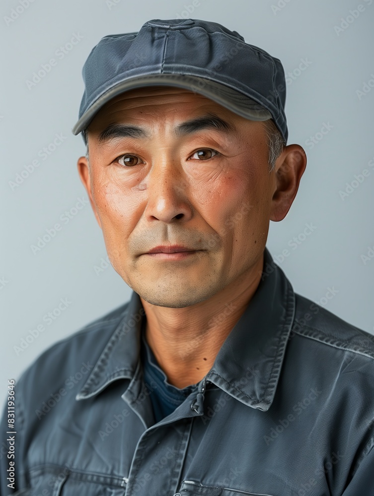 An Asian middle-aged automotive assembly worker wearing a gray uniform. An Asian middle-aged automotive assembly worker wearing a gray uniform.