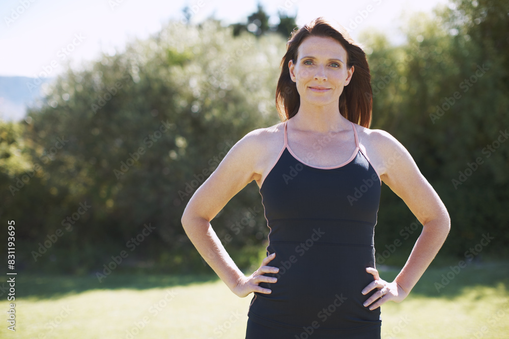 Woman, portrait and outdoor for peace, fitness and wellness in summer with calm mind and fresh air. Girl, confident and exercise in nature or park for body health, training and workout in morning