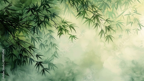 An elegant backdrop with a stylized bamboo grove in watercolor shades of green and grey