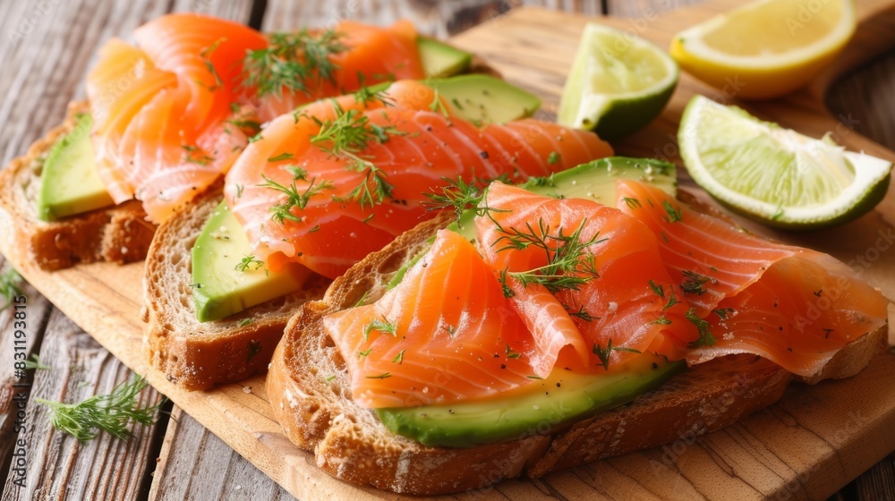 Smoked salmon avocado toast on wooden board Smoked salmon avocado toast on wooden board