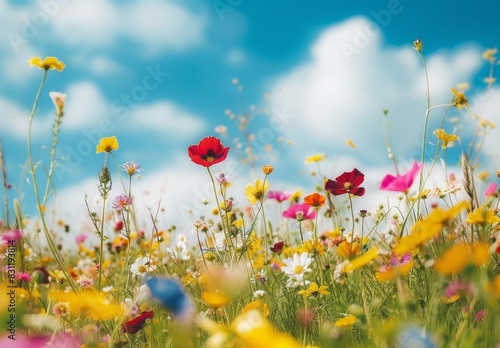 A field of blooming wildflowers under a bright blue sky  teeming with vibrant colors. This idyllic setting is perfect for placing text about growth  renewal  and the beauty of life s journey.