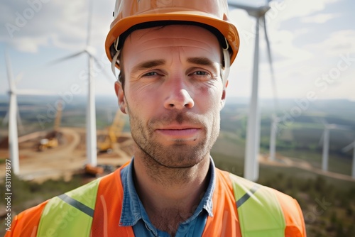 An engineer looking into the camera with a wind turbine park in the background.