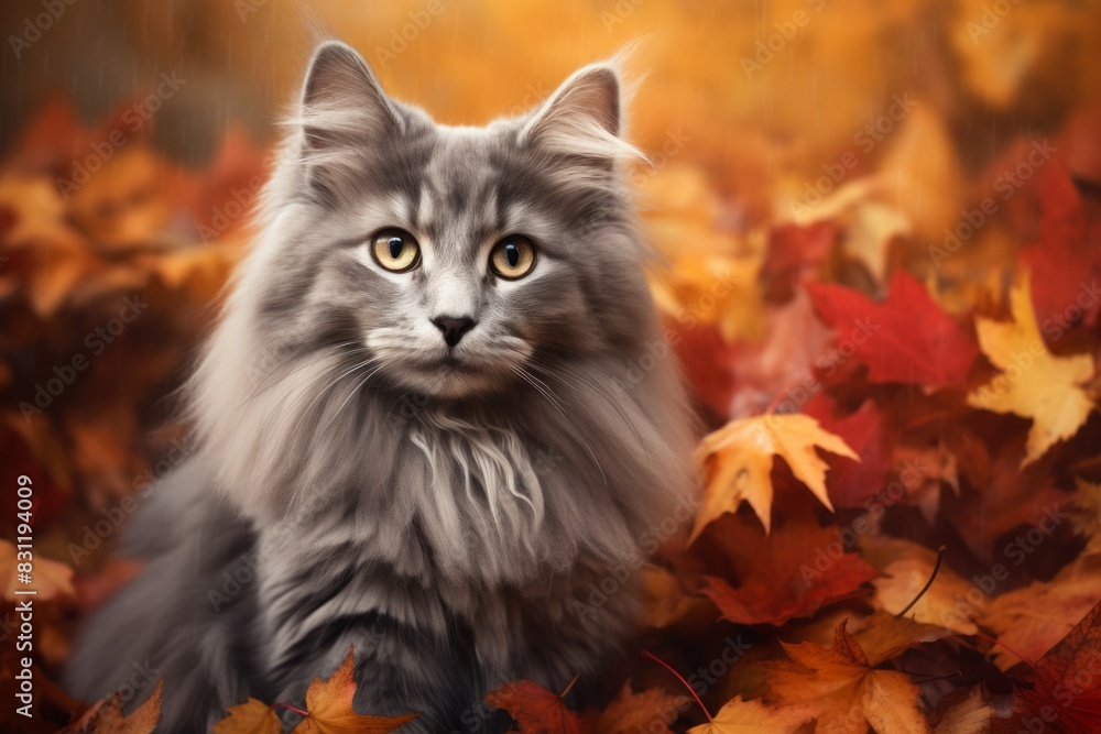 Portrait of a cute nebelung cat while standing against background of autumn leaves