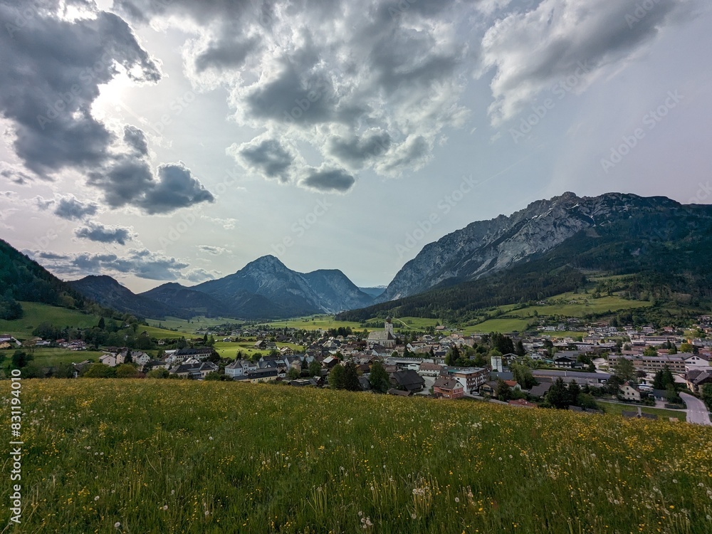 Grobming town located under Mount Stoderzinken (Grobming in the Enns Valley),Austrian Alps mountains, Salzkammergut, Styria, Austria, Europe Grobming town located under Mount Stoderzinken (Grobming in the Enns Valley),Austrian Alps mountains, Salzkammergut, Styria, Austria, Europe