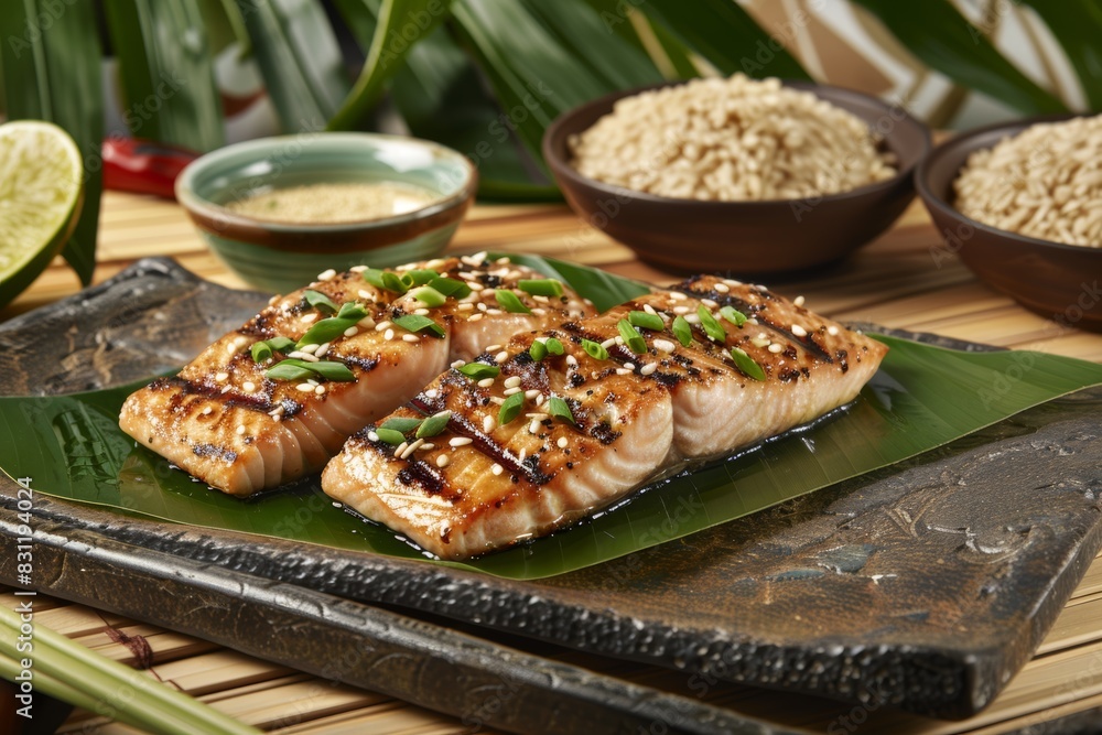 Grilled salmon fillets with sesame seeds and green onions on tropical leaf Grilled salmon fillets with sesame seeds and green onions on tropical leaf