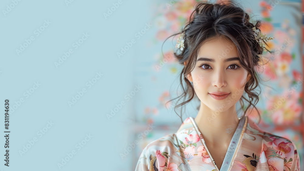 Chinese woman in japanese kimono traditional suit isolated on pastel Chinese woman in japanese kimono traditional suit isolated on pastel