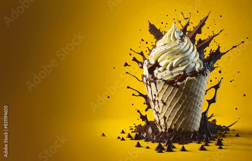 Delicious splash ice cream cone design with exploding and liquify chocolate pieces. Isolated sundae with space for text. Illustration for Banner, Invitation, Promo or Poster. Ai Generated. photo