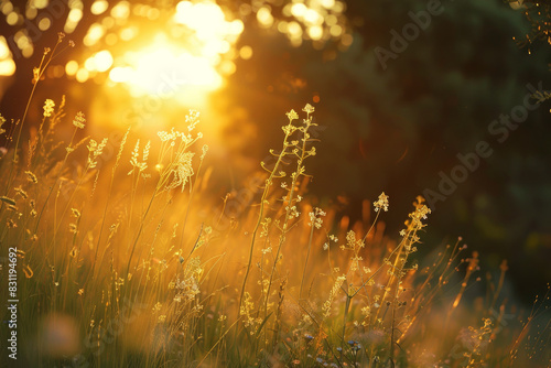 Summer meadow at sunset with field plants  countryside seasonal landscape with sun shining