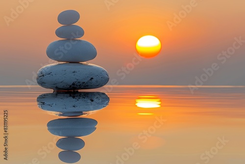Serene sunset balance with stacked stones and water reflection