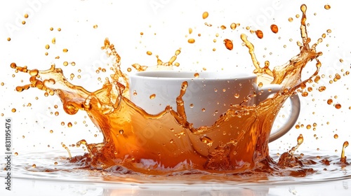 Spilling coffee liquid from a white cup or mug isolated on a white background.