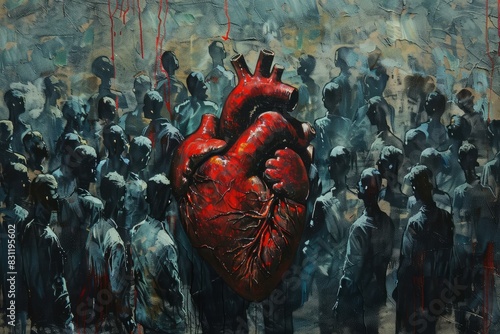 Artistic painting depicts a vibrant red heart contrasted against a sea of anonymous figures photo