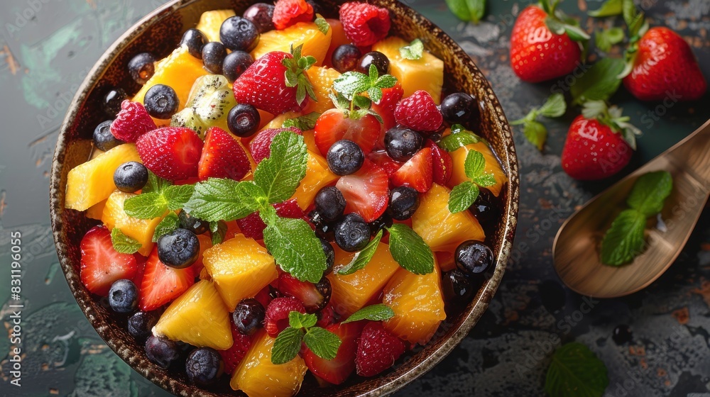 Bowl of healthy fresh fruit salad on wooden background. Bowl of healthy fresh fruit salad on wooden background.