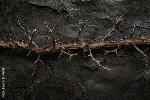 Artistic arrangement of dry tree branches on a dark, rugged surface photo