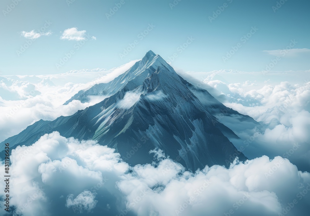 A mountain peak surrounded by wispy clouds with a clear blue sky above. The majestic landscape provides plenty of room for inspirational messages about reaching new heights and aspirations. A mountain peak surrounded by wispy clouds with a clear blue sky above. The majestic landscape provides plenty of room for inspirational messages about reaching new heights and aspirations.