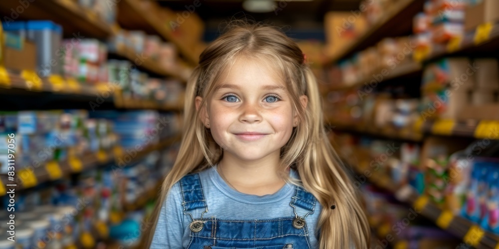In a supermarket, a cute girl shopper makes funny emotional facial expressions in front of shelves of school supplies and backpacks. In a supermarket, a cute girl shopper makes funny emotional facial expressions in front of shelves of school supplies and backpacks.