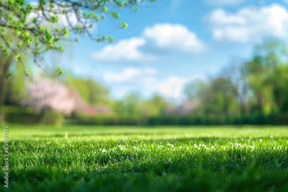 Beautiful blurred background image of spring nature with a neatly trimmed lawn surrounded by trees against a blue sky with clouds on a bright sunny day with generative ai Beautiful blurred background image of spring nature with a neatly trimmed lawn surrounded by trees against a blue sky with clouds on a bright sunny day with generative ai