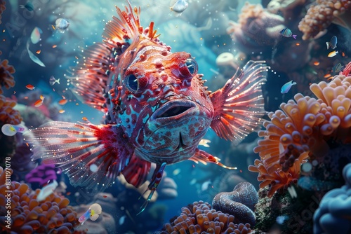 Colorful scorpionfish blends with the vivid coral reef in a bustling underwater scene photo