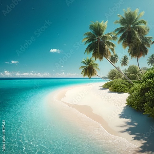 Realistic illustration of a summer beach scene with palm trees and sea.