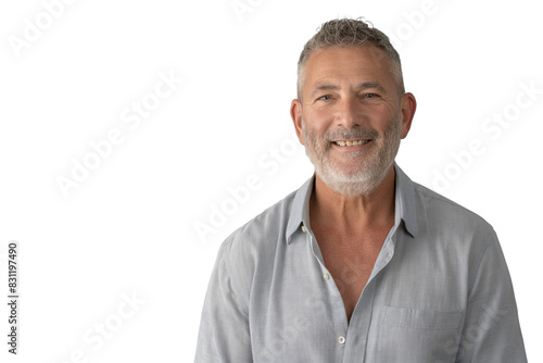 Smiling Middle-Aged Caucasian Man with Gray Hair in a Light Gray Shirt