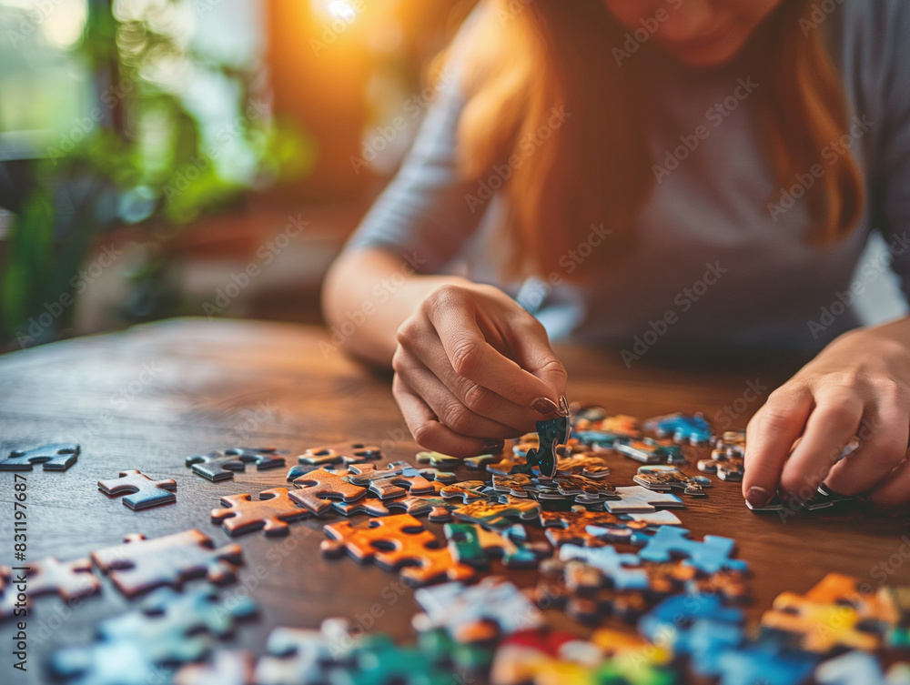 Woman assembling puzzle pieces on a wooden table in a cozy, sunlit room, highlighting the serenity and focus involved in this calming and engaging hobby. Woman assembling puzzle pieces on a wooden table in a cozy, sunlit room, highlighting the serenity and focus involved in this calming and engaging hobby.