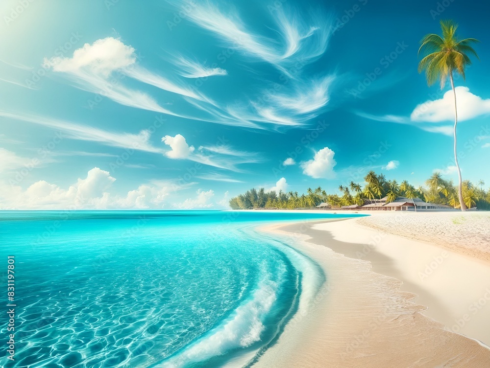 Realistic wallpaper with a serene tropical beach scene for summer. Realistic wallpaper with a serene tropical beach scene for summer.